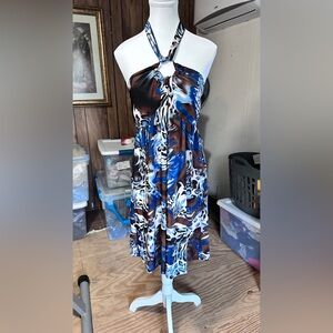 Chic Blue & Brown Women's Mini Halter Dress with Stretch, XL